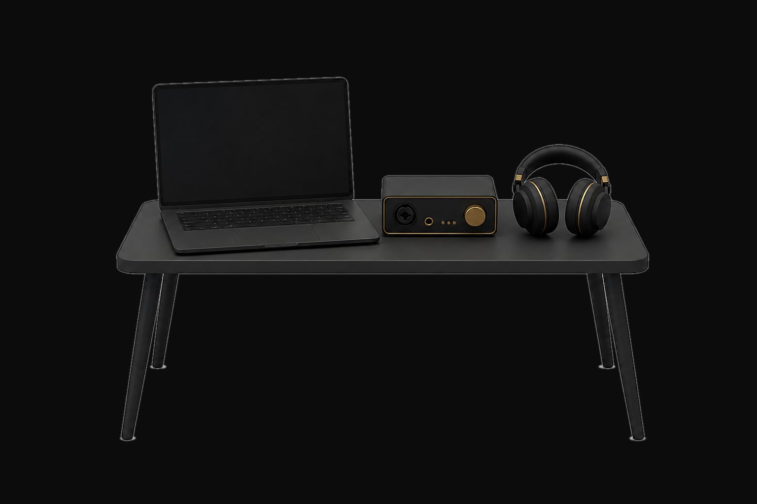 Simple 3D illustration of a laptop, audio interface, and headphones for dry hire
