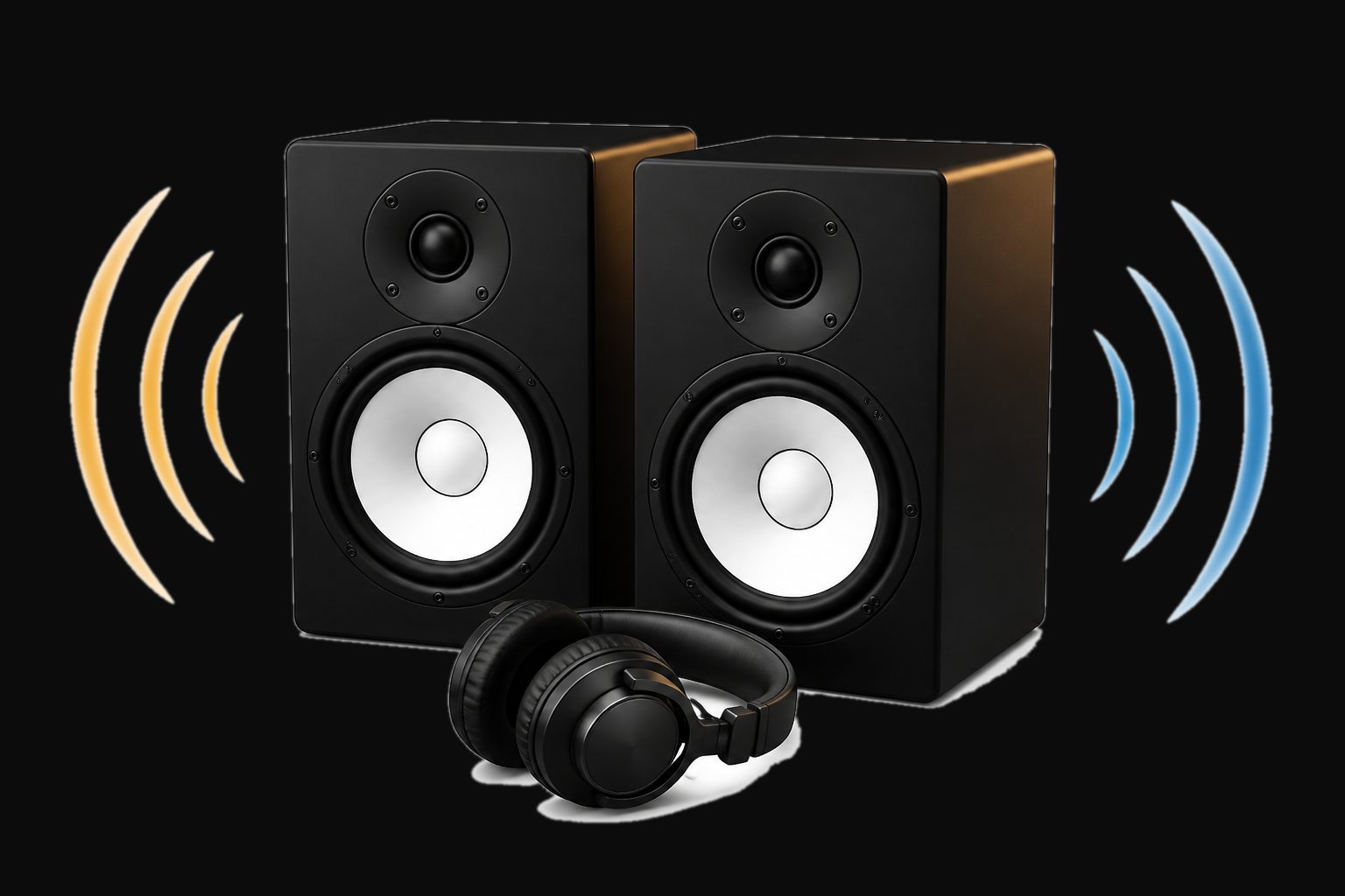 Simple 3D illustration of two HS8 studio monitors and headphones with sound waves