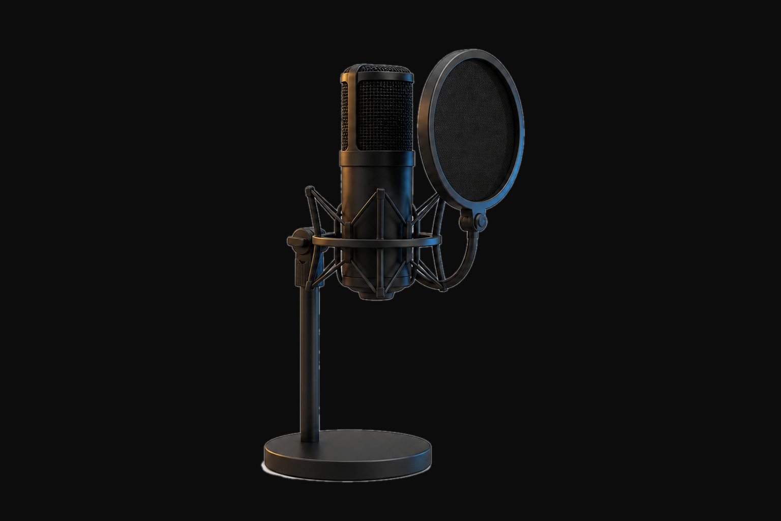 Simple 3D illustration of a studio condenser microphone with pop filter on a stand